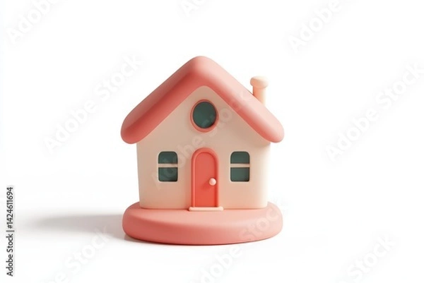 Obraz Minimalistic pastel pink and cream toy house isolated on white background, perfect for real estate, home iconography, or child-friendly graphic design concepts.