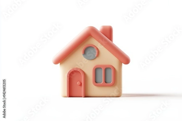 Obraz Cute 3D cartoon house with a bright blue door and orange roof, designed in a minimal and playful style for kids, games, apps, and educational materials.