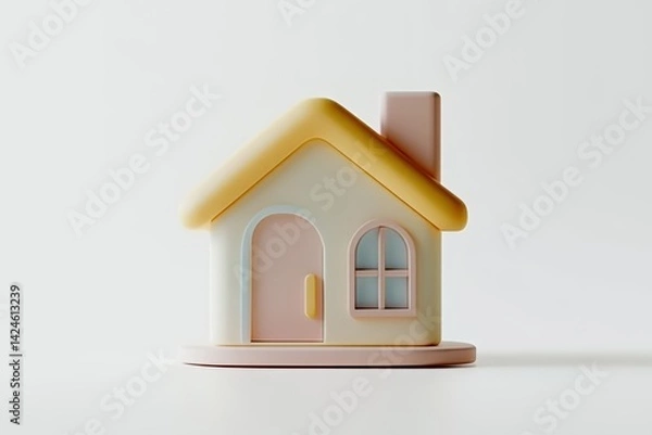 Obraz Cute 3D cartoon house with a bright blue door and orange roof, designed in a minimal and playful style for kids, games, apps, and educational materials.