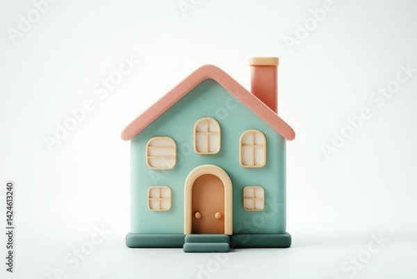 Obraz Cute 3D cartoon house with a bright blue door and orange roof, designed in a minimal and playful style for kids, games, apps, and educational materials.