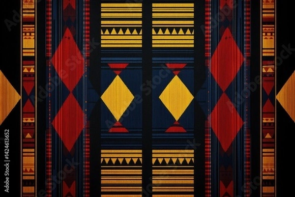 Fototapeta Geometric textile design with vibrant red, yellow, and blue patterns on a dark background.