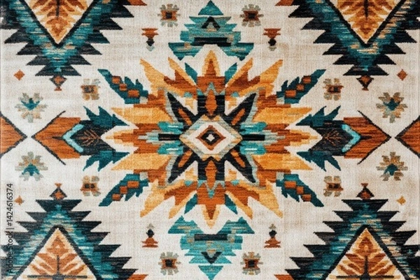 Fototapeta Intricate rug with vibrant teal, orange, and beige geometric patterns creating a southwestern aesthetic.