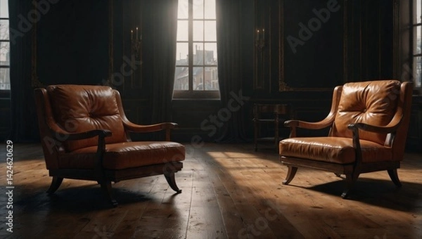 Fototapeta Two empty chairs in a room. Disconnection, unspoken distance or silent tension concept. Copy space.