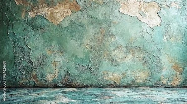 Fototapeta Distressed Teal Plaster Wall with Exposed Layers and Matching Fl