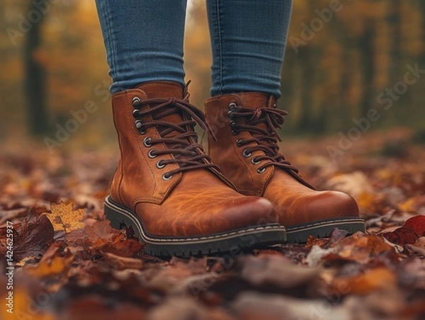 Fototapeta A close-up of brown leather boots on a bed of autumn leaves in a forest