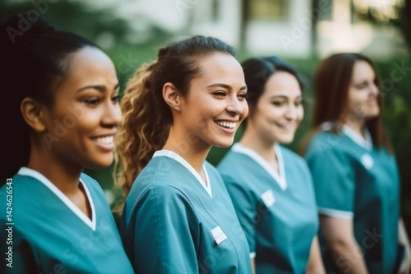 Fototapeta diverse group of smiling female nurses at training at college