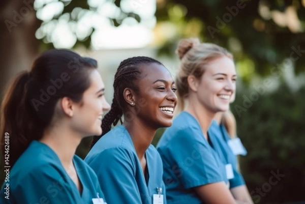 Fototapeta diverse group of smiling female nurses at training at college