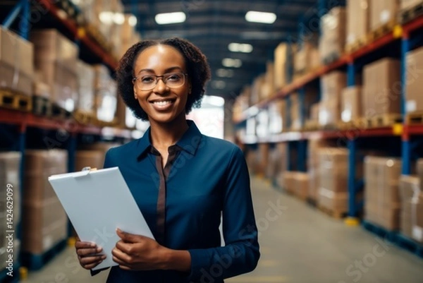 Fototapeta Middle aged businesswoman smiling holding a clip board in a distribution warehouse