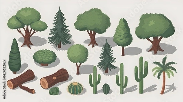 Fototapeta Collection of Cartoon Trees and Plants in Flat Design Style