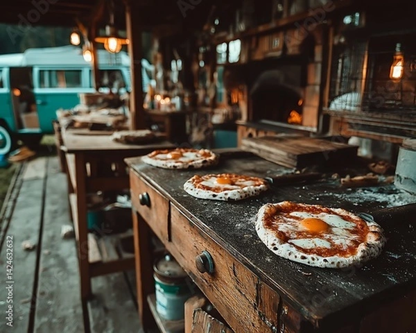 Obraz Wood-fired pizzas, rustic kitchen, van