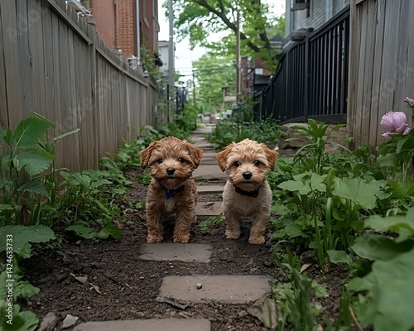 Obraz Two Puppies in Alleyway Garden