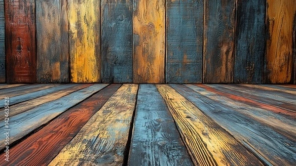 Fototapeta Distressed Wood Planks in Varied Hues Create a Rustic Backdrop