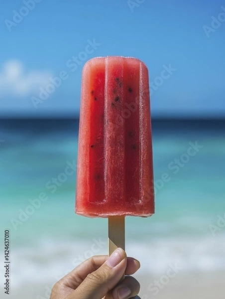 Obraz Hand Holding Refreshing Watermelon Popsicle at Beach with Blue Sky and Turquoise Sea