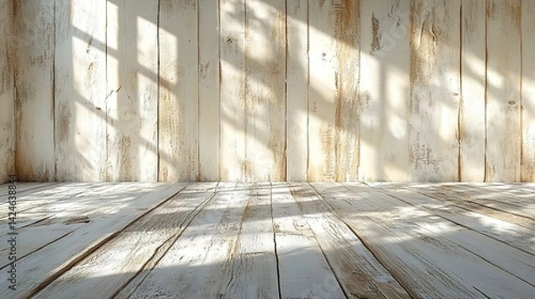Fototapeta Distressed White Wood Backdrop with Shadow Patterns and Rustic C