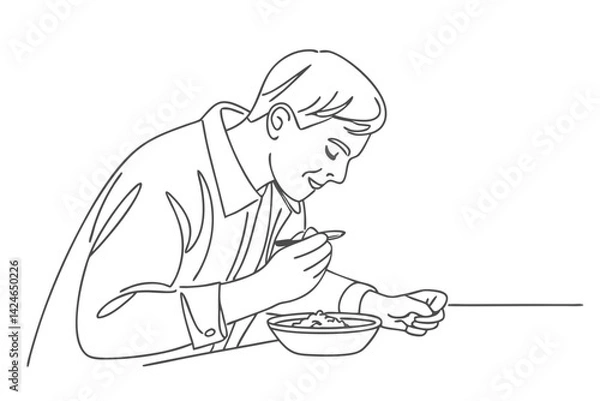 Fototapeta Man Enjoying Meal at Table Line Art