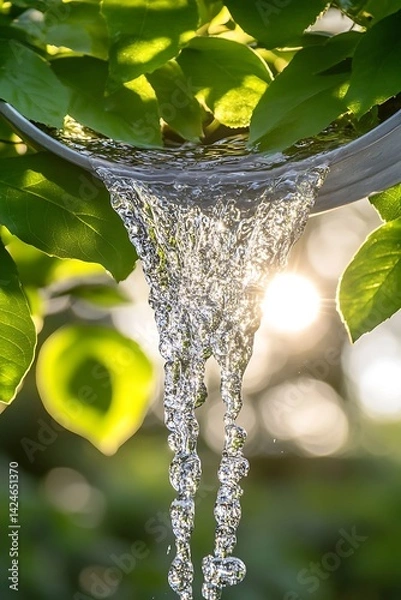 Obraz Water cascading from a container, garden leaves