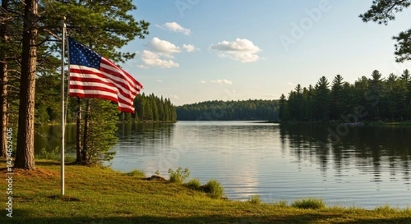 Fototapeta American flag waves proudly over a tranquil lake surrounded by trees