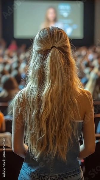 Fototapeta Woman listens to lecture, large crowd