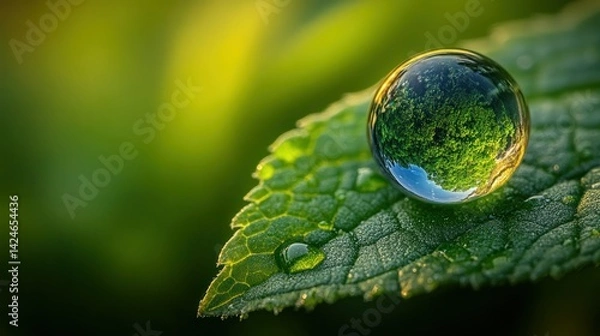 Obraz Dewdrop on leaf, miniature world