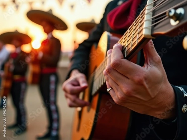 Fototapeta A man plays guitar with passion as part of a mariachi band, surrounded by colorful papel picado banners during a vibrant sunset celebration.