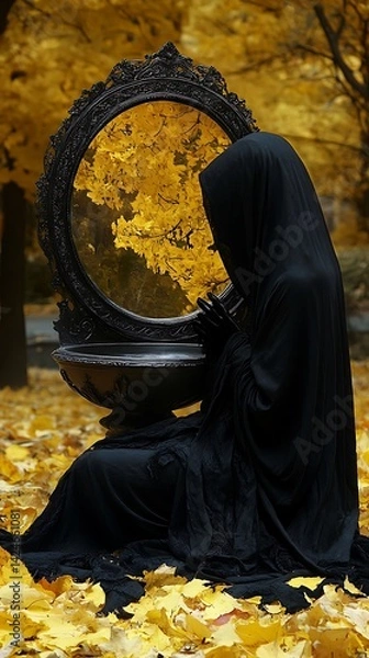 Obraz Woman in cloak, autumn leaves, mirror