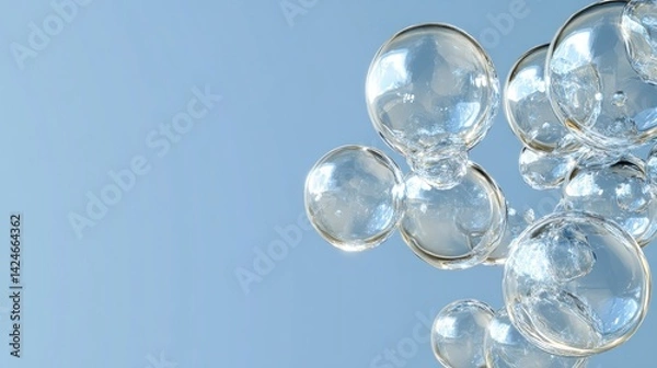 Fototapeta Clear bubbles float against a light blue backdrop.