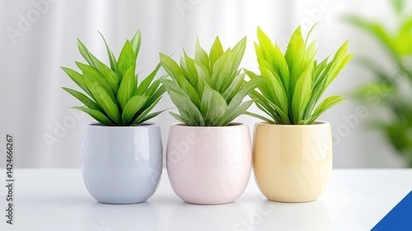 Fototapeta Three potted green plants in pastel-colored pots arranged neatly on a white surface, soft focus background with blurred green foliage, and indoor decor concept.