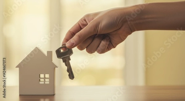 Fototapeta Hand holding a key near a miniature house model, symbolizing home ownership and new beginnings, softly lit with a warm background