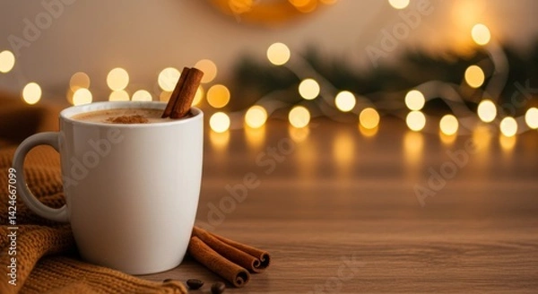 Fototapeta Cozy cup of spiced coffee with cinnamon sticks, warm knitted fabric, and soft bokeh lights creating a festive atmosphere