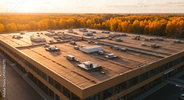 Fototapeta Bird's eye view of a commercial building rooftop with air conditioning units surrounded by vibrant autumn foliage and a warm sunset glow