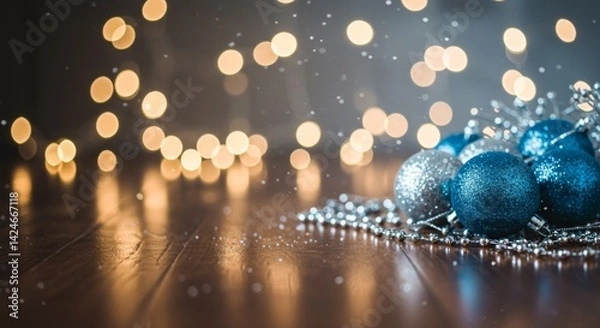 Fototapeta Colorful Christmas ornaments in blue and silver on a wooden surface with soft bokeh lights creating a festive atmosphere