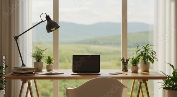 Fototapeta Modern workspace with a laptop, desk lamp, and potted plants, overlooking a scenic landscape
