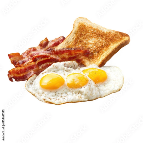 Fototapeta A breakfast plate with toast bacon and eggs sunny side up on a white plate