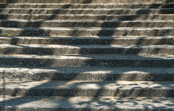 Fototapeta Close-up view captures a set of concrete steps, their textured surfaces partially shaded by tree branches, creating a pattern of light and shadow