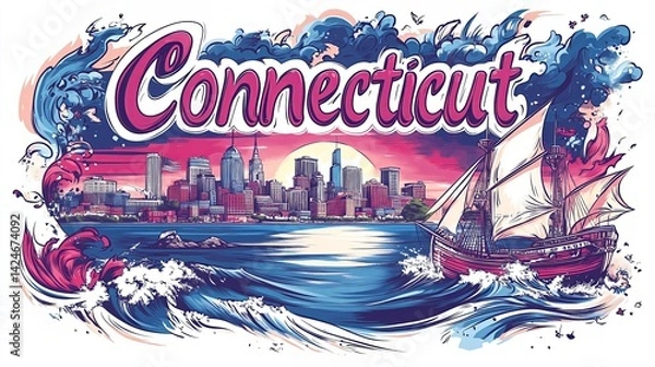 Fototapeta A vibrant, artistic depiction of a coastal cityscape.City skyline with tall buildings, a bridge, and sailboats on the water, dynamic waves and splashes of water, with the word "Connecticut" .