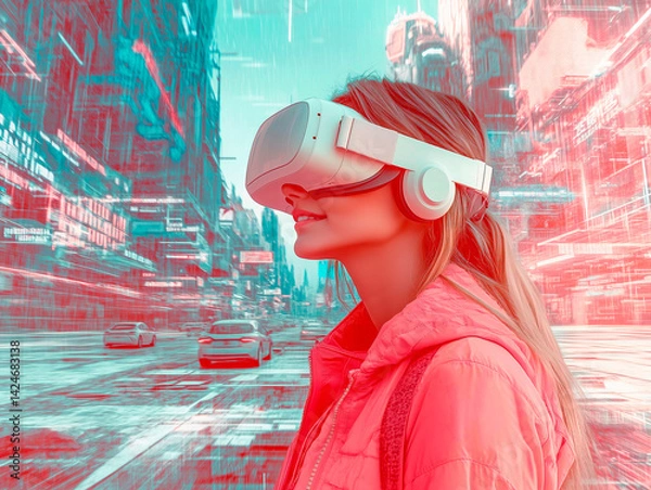 Fototapeta A beautiful young woman in futuristic cyberpunk-style VR glasses, standing against the backdrop of the city of the future.