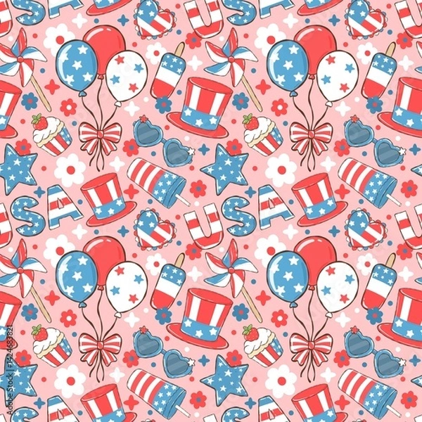Fototapeta USA Independence Day Vibesseamless pattern. American Freedom Seamless Pattern. Fourth of July Celebration Pattern