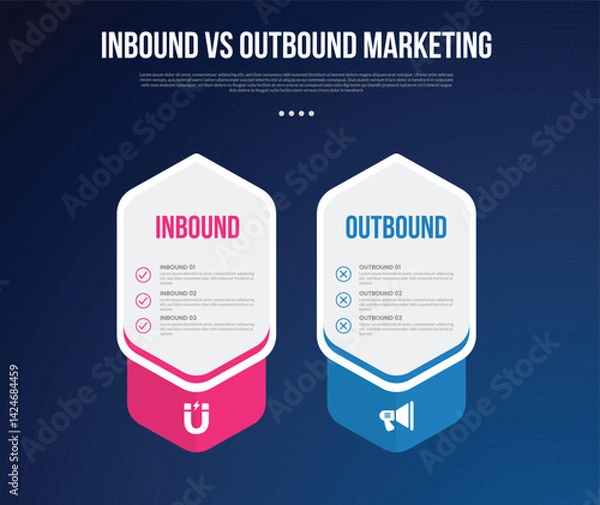 Fototapeta inbound vs outbound marketing infographic for comparison data with creative big hexagon price box table with modern dark gradient style background with 2 point information