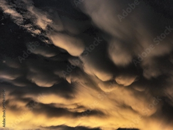 Obraz Storm clouds on sunset. Light in the dark and dramatic storm clouds. Background of storm clouds before a thunderstorm. Mammatus clouds