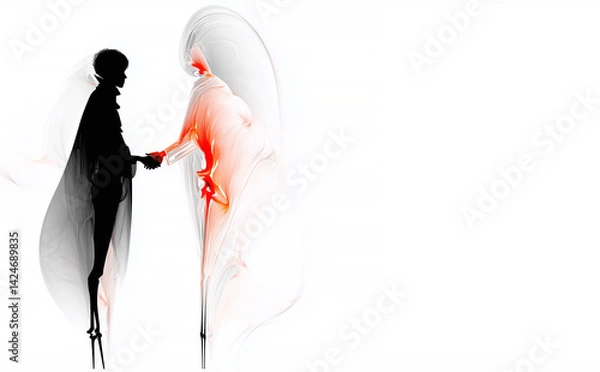 Obraz Two abstract figures engage in a handshake, on sparse white backgound. Copy space.
