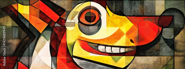 Fototapeta A colorful, cubistic portrait of a smiling dog, blending shapes and colors to convey a sense of happiness and fun. Cubism, abstract.