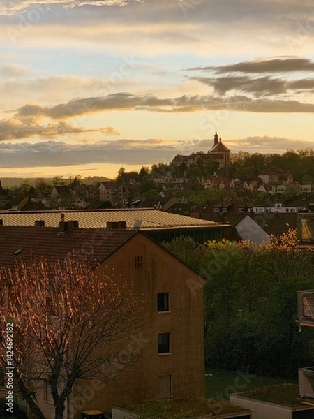 Obraz View of Fulda with Frauenberg Monastery during the golden hour at sunset