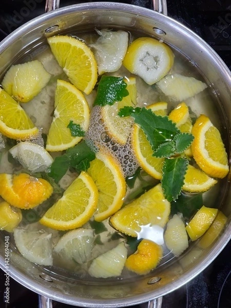 Fototapeta Homemade lemonade. Orange, lemon and mint pieces in a large container with spring water
