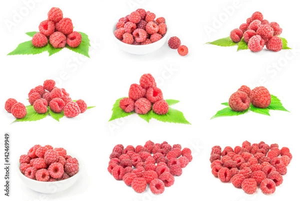 Fototapeta Set of ripe raspberries over a white background