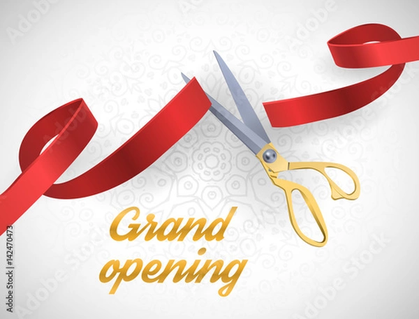 Obraz Grand opening illustration with red ribbon and gold scissors isolated on white.