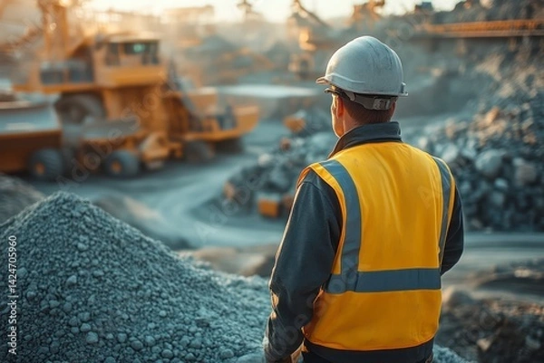 Obraz Construction Worker Overseeing Heavy Machinery at a Quarry Site