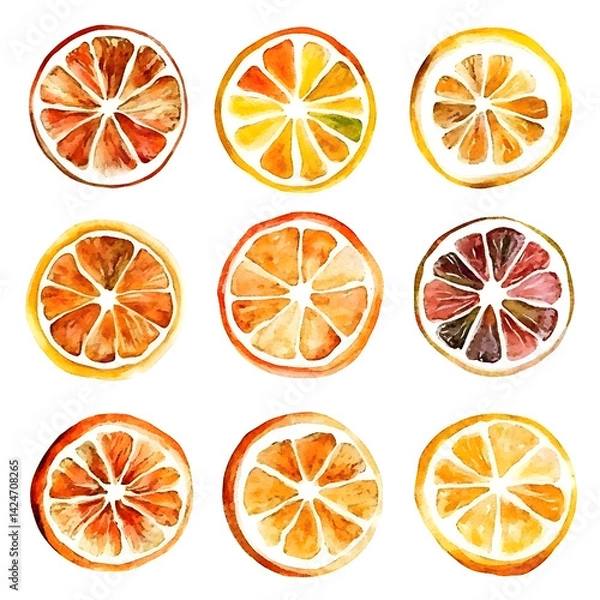 Fototapeta A set of watercolor paintings of oranges