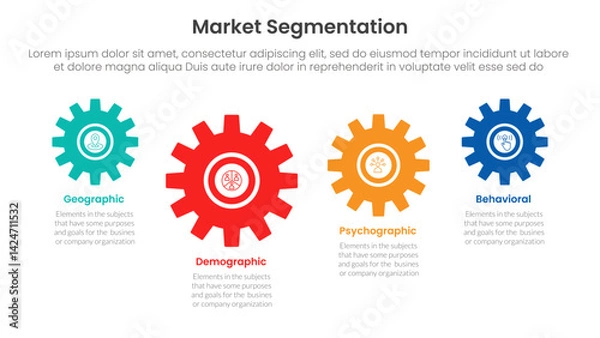 Fototapeta market segmentation framework analysis infographic 4 point stage template with gear shape on horizontal line up and down for slide presentation