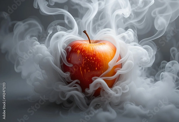 Fototapeta Red Yellow Apple in White and Grey Ink Cloud.