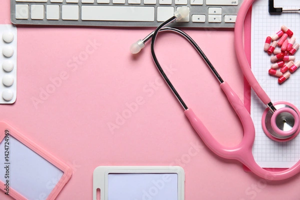 Fototapeta Frame made of stethoscope, pc keyboard, badges and pills on pink background